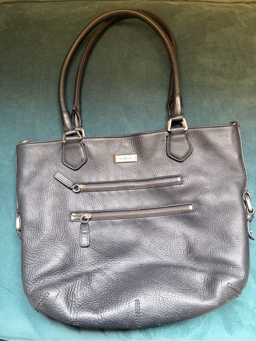 Leather Tote Bag with Front Zip Pockets - Black